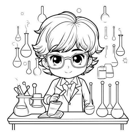 Cute little scientist girl working in laboratory. Black and whit