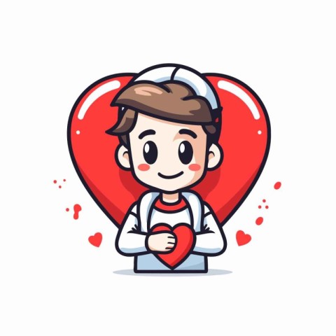 Cute boy holding a heart. Vector flat cartoon character illustra