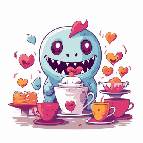 Cute cartoon monster with a cup of hot coffee. Vector illustrati