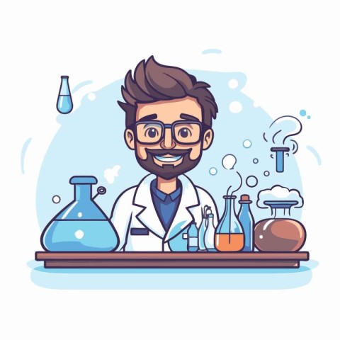 Scientist in lab coat and glasses. Vector illustration in cartoo