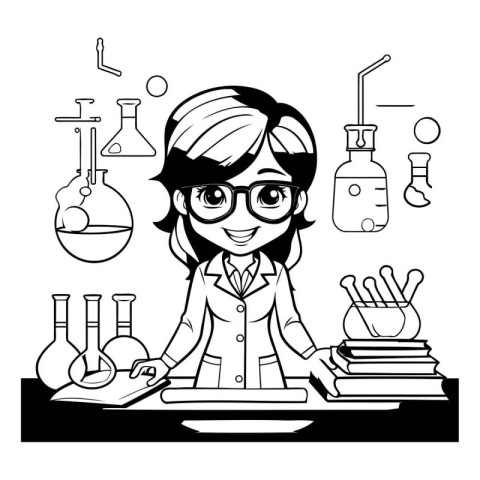 Scientist woman with science and education tools cartoon vector