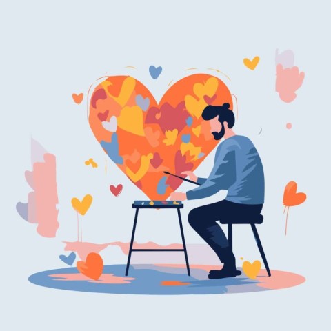 Vector illustration of a man with a brush paints hearts. Valenti