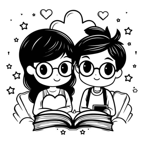 Boy and girl reading a book together. Vector illustration of a c