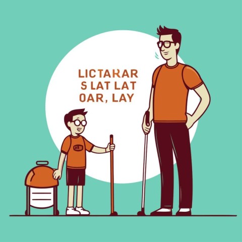 Vector illustration of a man with a cane and a boy on a walk