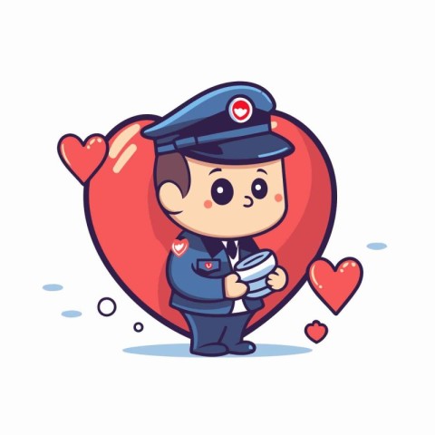 Cute boy in police uniform with heart. Cute vector illustration.