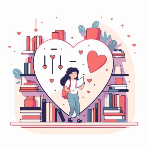 Vector illustration of girl with book and heart. Flat style desi