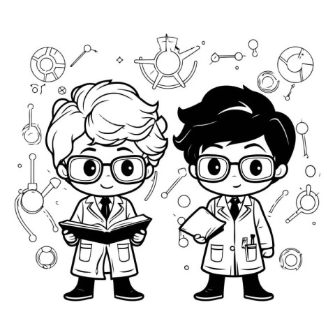 Boy and girl in science class. Black and white vector illustrati