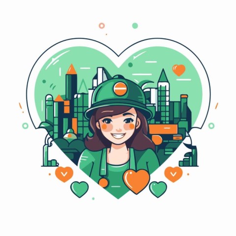 Vector illustration of girl in green uniform with heart and city