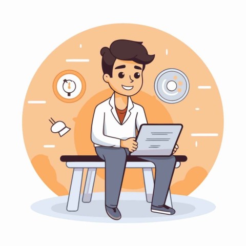 Man working on laptop at office. Vector illustration in cartoon