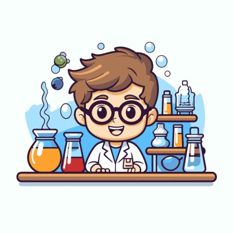 Cute little boy scientist in glasses working in laboratory. Vect