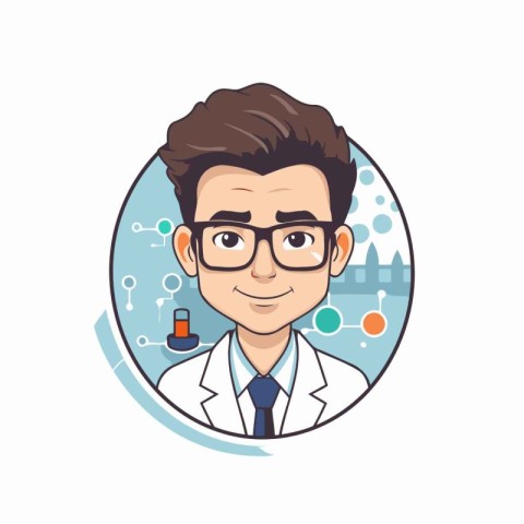 Scientist in white coat and glasses. Vector illustration on whit