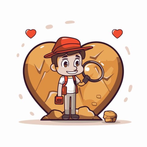 Cartoon explorer with magnifying glass and heart. Vector illustr
