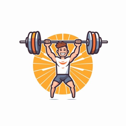 Young man lifting a barbell. Vector illustration in a flat style