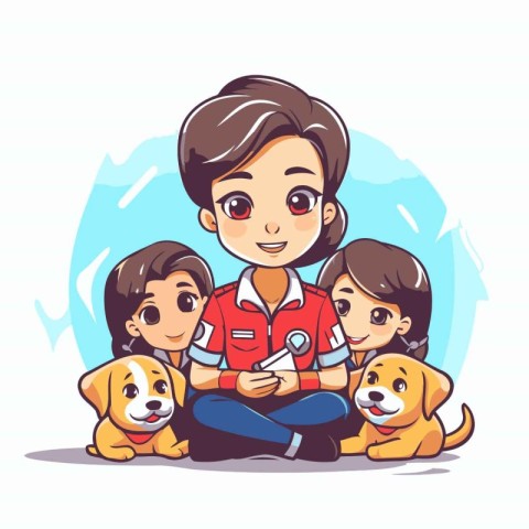 Mother and children with their pets. Vector illustration in cart