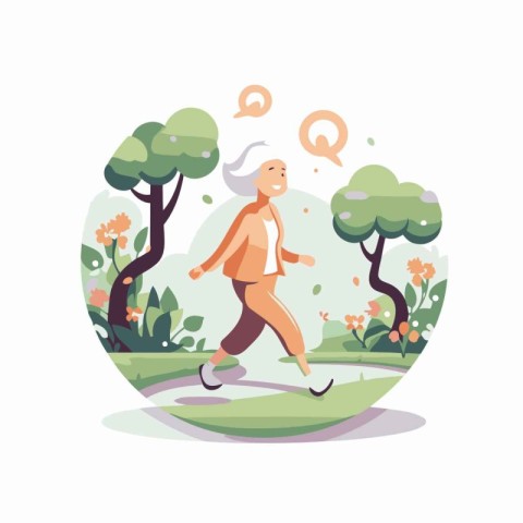 Elderly woman jogging in the park. Vector illustration.