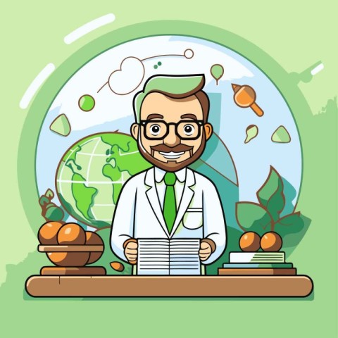 Vector illustration of a scientist with a book and a globe in a