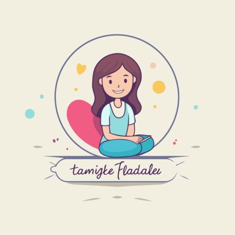 Thank you card with cute little girl sitting on the floor. Vecto