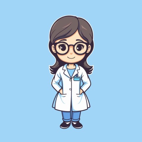 Cute Cartoon Doctor Girl Character with Glasses. Vector Illustra