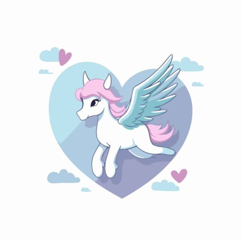 Cute cartoon unicorn with wings in the heart. Vector illustratio