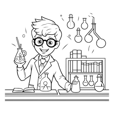 Scientist working in the laboratory. Black and white vector illu