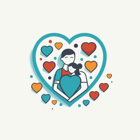 Lovely couple in a heart shape. Vector illustration in flat line