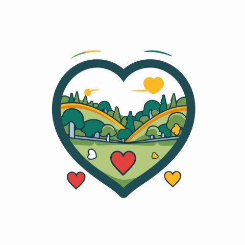 Love concept. Heart with mountains. trees. river and forest. Vec