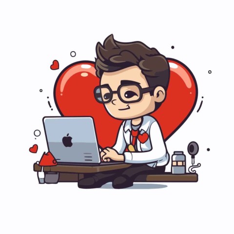 Businessman working on laptop in love. Vector illustration in ca