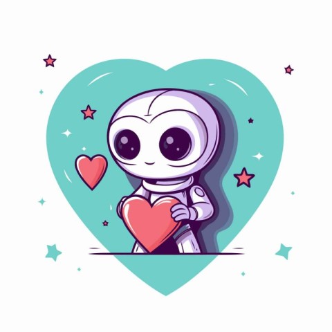 Cute cartoon robot with heart. Vector illustration isolated on w