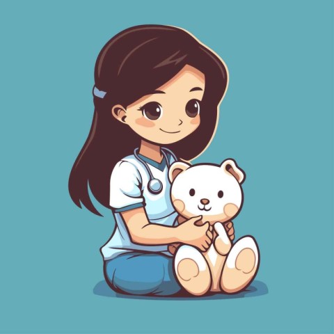 Veterinarian girl with a teddy bear. Vector illustration.