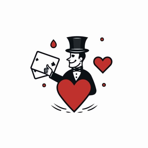 Gentleman with red heart and playing cards. Vector illustration.