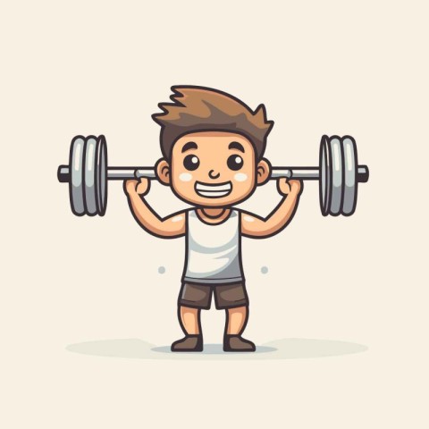 Boy lifting barbell. Cute cartoon character. Vector illustration