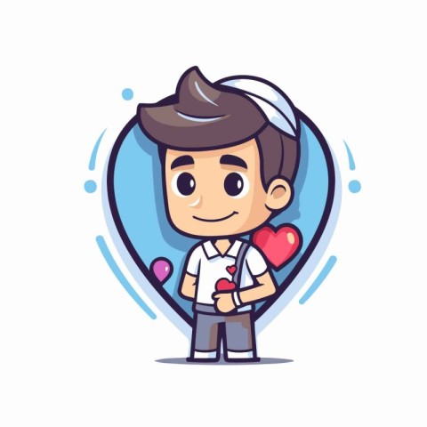 Cute boy with heart in the heart. Vector flat cartoon illustrati