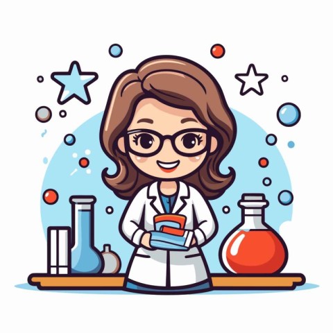 Scientist girl cartoon character with science equipment vector i