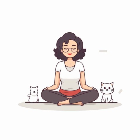 Woman sitting in lotus position with cat and dog. Vector illustr