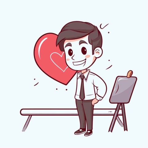 Businessman sitting on the bench and holding heart. Vector illus