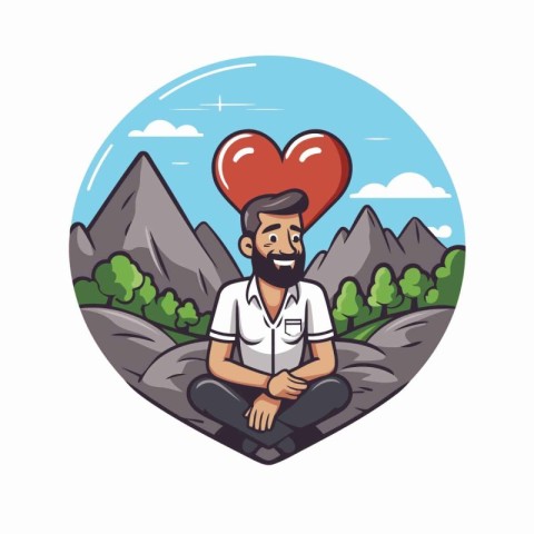 Man in love with heart in the mountain. Vector illustration in c