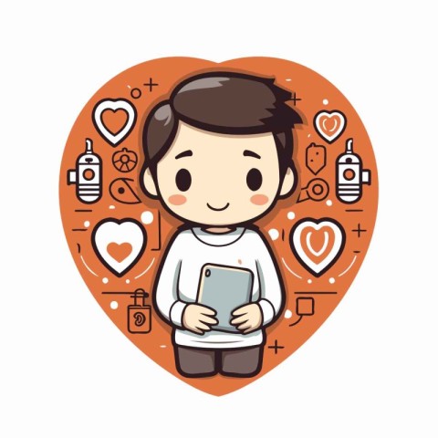 Boy using tablet in heart shape with social media icons vector i