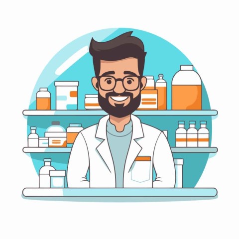 Male pharmacist in a drugstore. Flat style vector illustration.