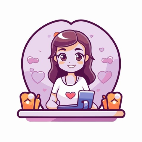 Cute girl using laptop at home. Vector illustration in cartoon s