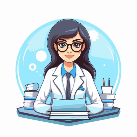 Scientist woman in lab coat and eyeglasses sitting at desk. Vect