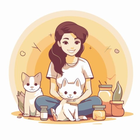 Vector illustration of a young woman with her pets. Cartoon styl