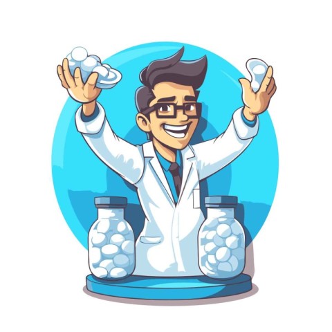 Cartoon scientist holding glass jars with pills. Vector illustra