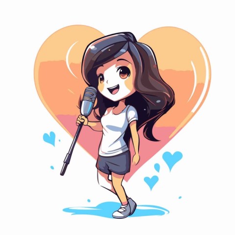 Cute girl singing karaoke with microphone. Vector illustration.