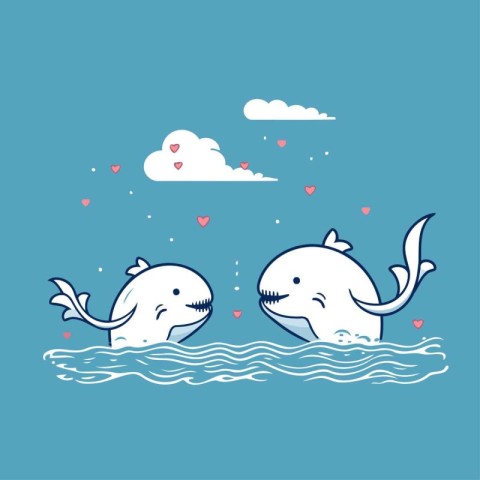 Cute cartoon couple of whales in love on the sea. Vector illustr