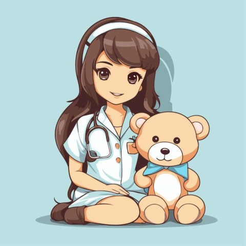 Nurse with teddy bear. Vector illustration in cartoon style.