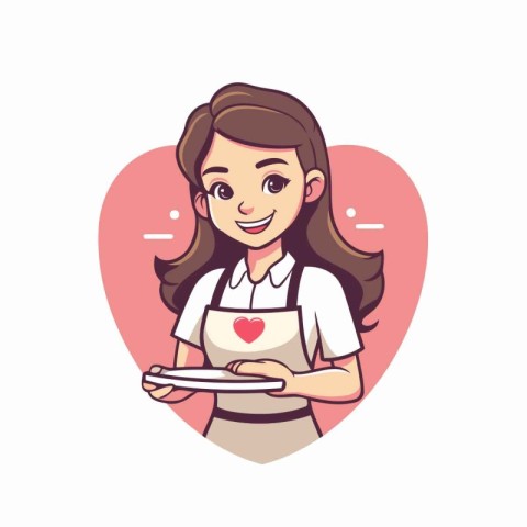 Cute waitress with tray in heart shape. Vector flat cartoon illu