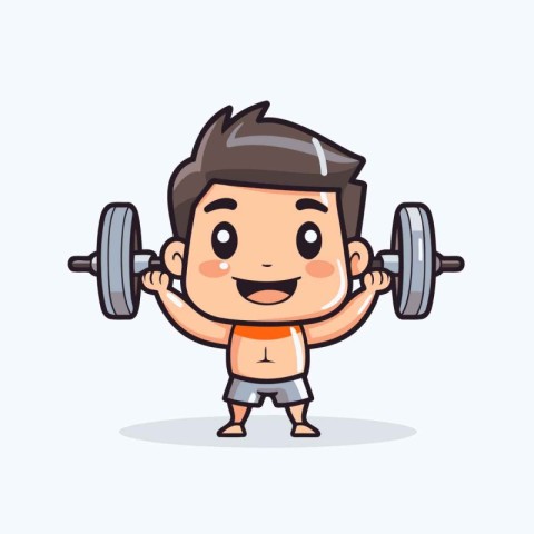 Fitness boy lifting barbell cartoon character. Cute and funny ma