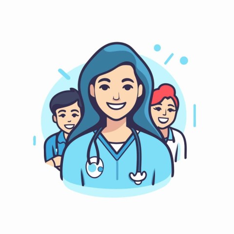 Vector illustration of happy doctor with group of doctors. Medic