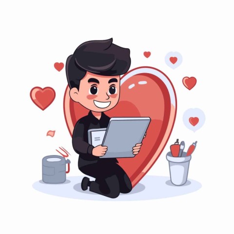 Cute cartoon boy with laptop and cup of coffee. Vector illustrat