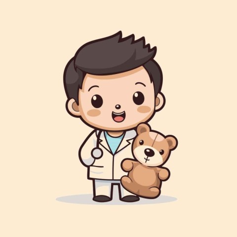 cute doctor with teddy bear mascot character vector illustration